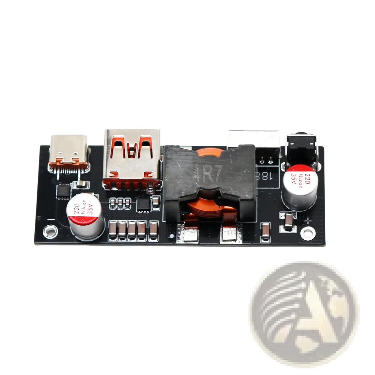 Black rectangular 100w pd3.1 fast charger power bank module bms with two usb ports orange capacitors and black transformer