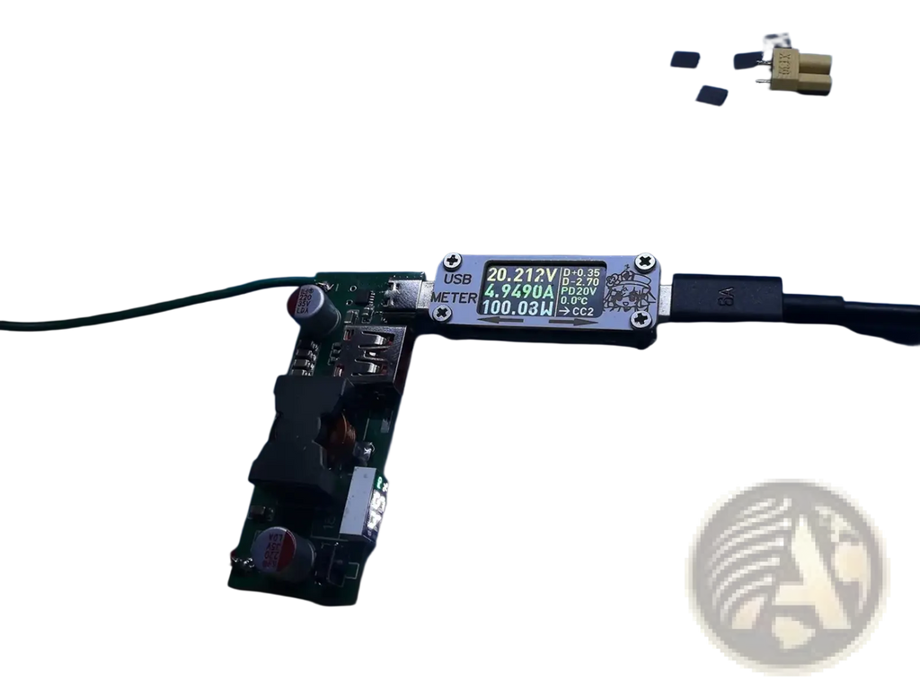 Black usb power meter with green digital display showing voltage and current for 100w pd3.1 fast charger power bank module bms