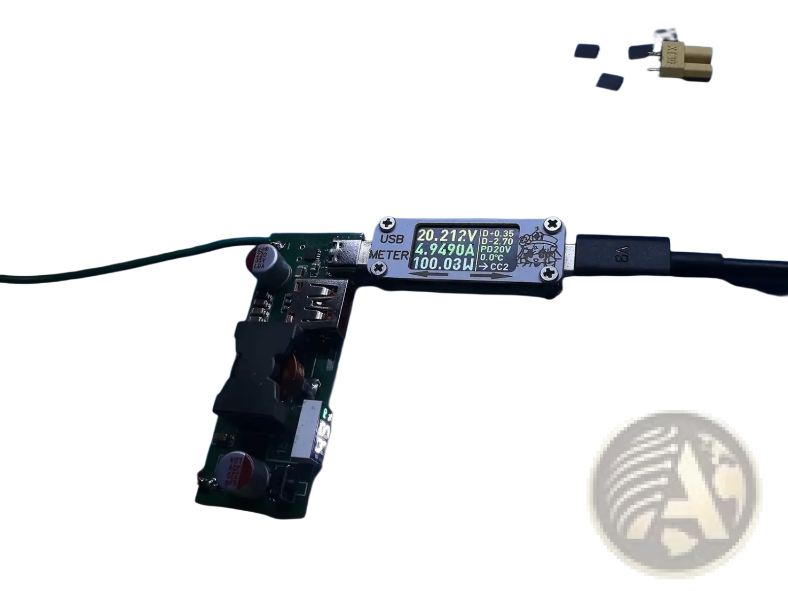 Black usb power meter with green digital display showing voltage and current for 100w pd3.1 fast charger power bank module bms