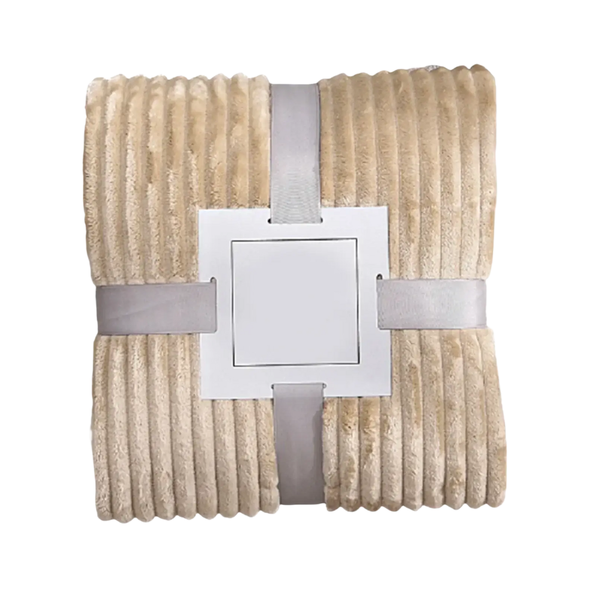 Beige 100x150cm fleece throw blanket with soft ribbed corduroy texture and gray ribbon tie for bed or sofa use