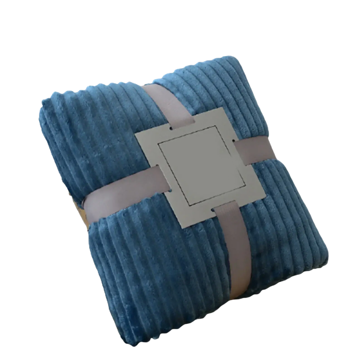 Blue 100x150cm fleece throw blanket with soft ribbed corduroy texture wrapped in beige ribbon for bed or sofa