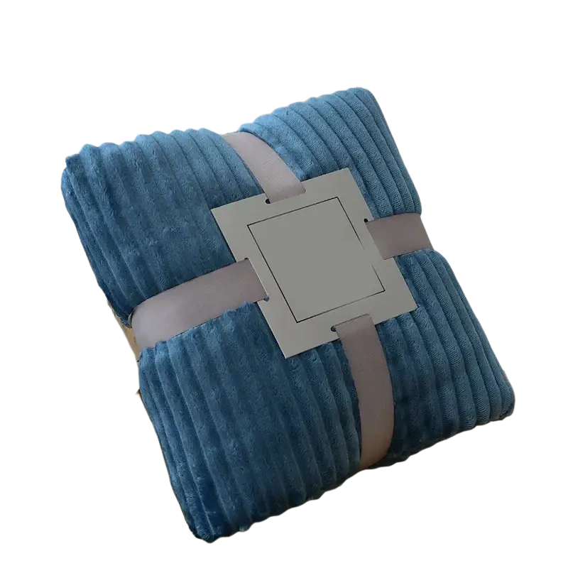 Blue corduroy 100x150cm fleece throw blanket with soft plush texture neatly wrapped in light gray ribbon