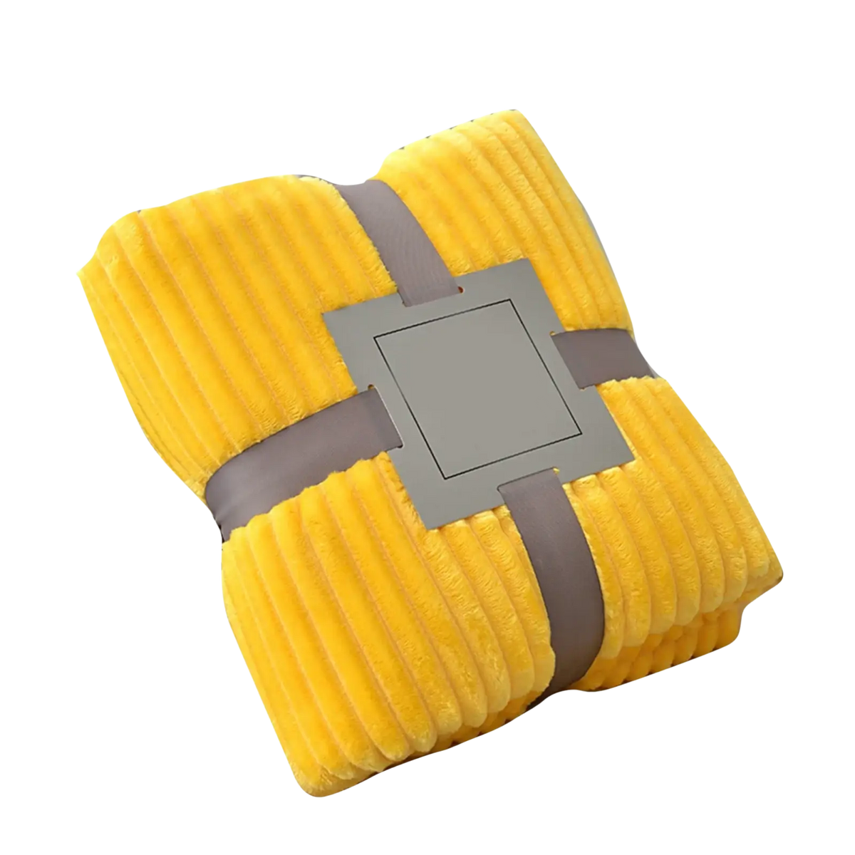 Bright yellow 100x150cm fleece throw blanket with ribbed texture and gray fabric ties for bed and sofa use