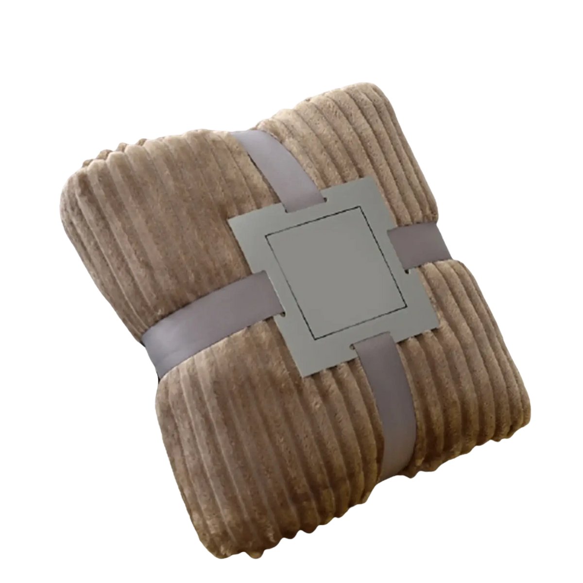 A cozy tan 100x150cm fleece throw blanket with soft ribbed corduroy texture secured by gray fabric straps