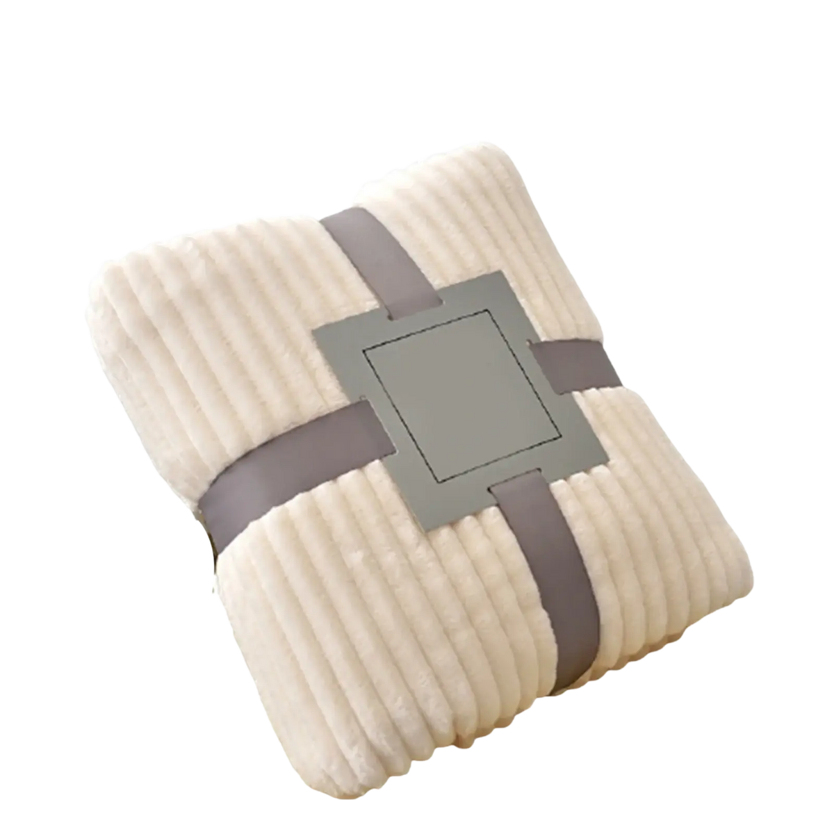 Cream-colored ribbed fleece throw blanket 100x150cm wrapped in gray fabric ties with a square label