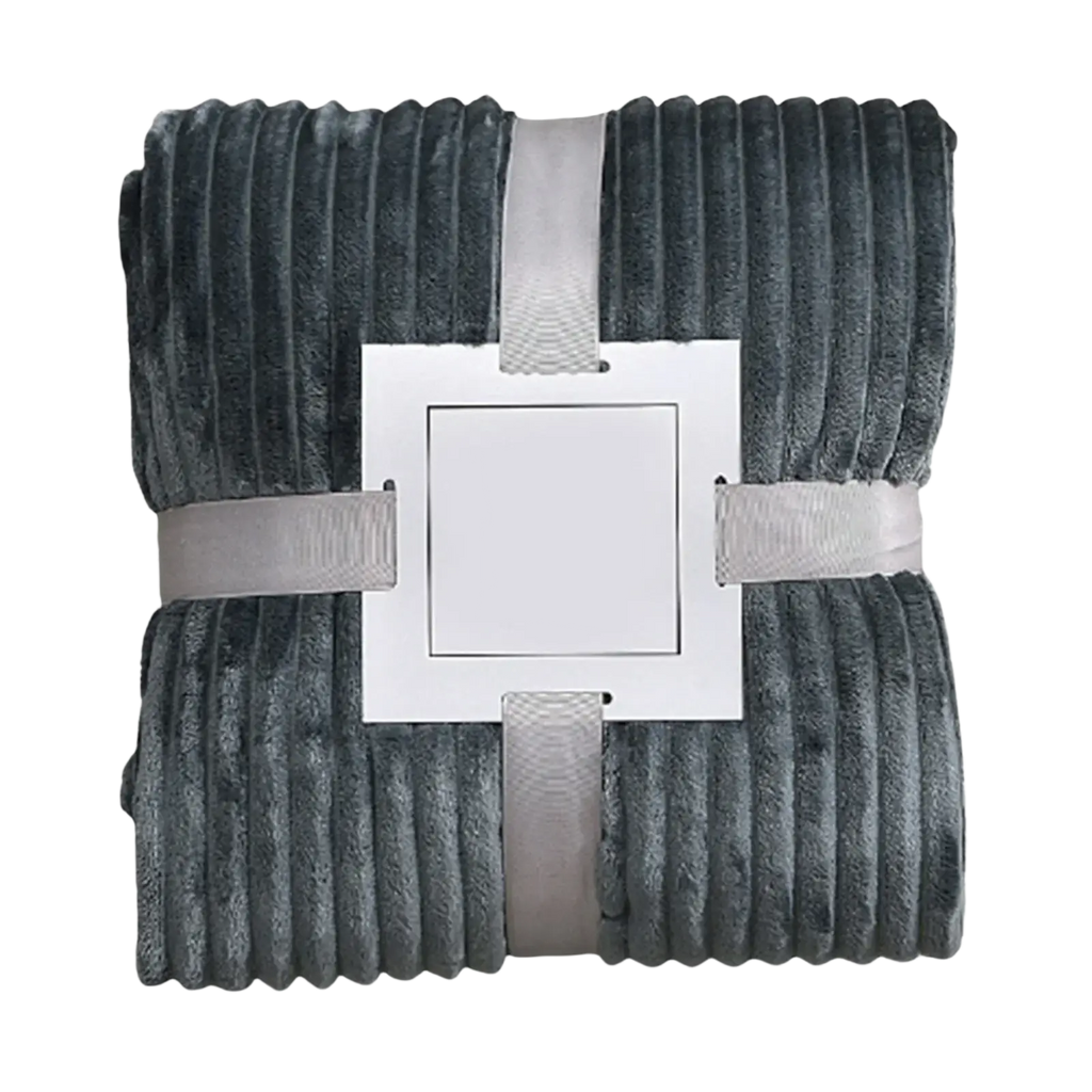Dark gray 100x150cm fleece throw blanket with plush ribbed corduroy texture secured by light gray satin ribbon ties
