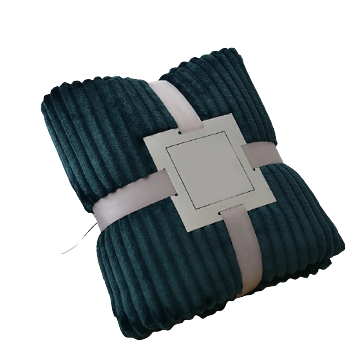 Dark teal 100x150cm fleece throw blanket made of soft corduroy wrapped with a light pink ribbon and square tag