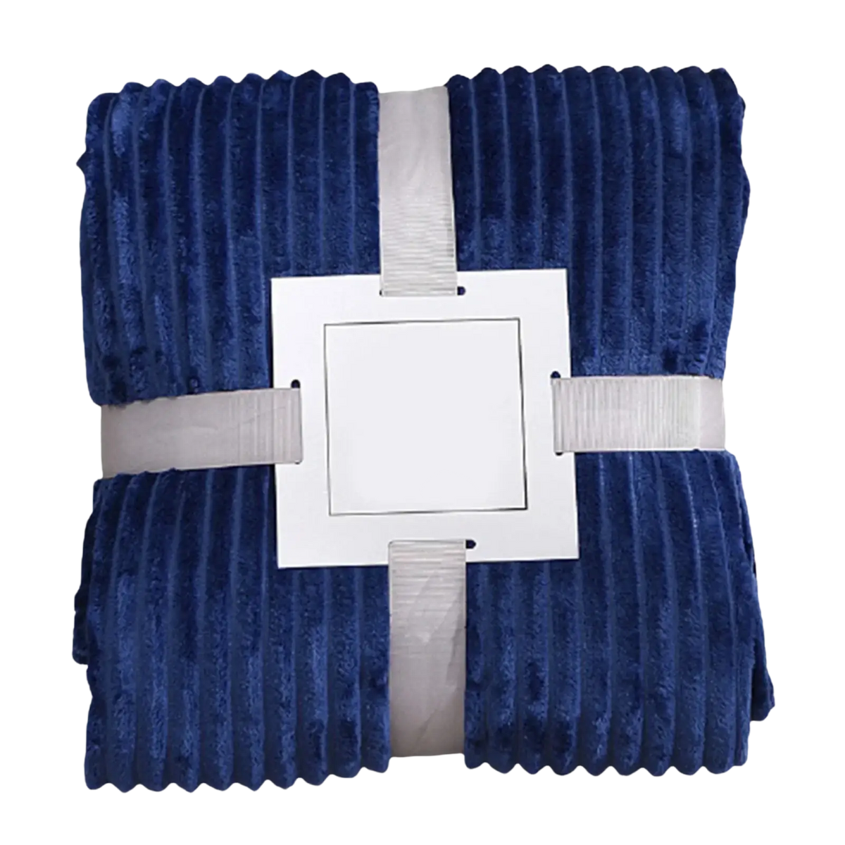 Deep blue 100x150cm fleece throw blanket with plush ribbed corduroy texture neatly wrapped in silver ribbon