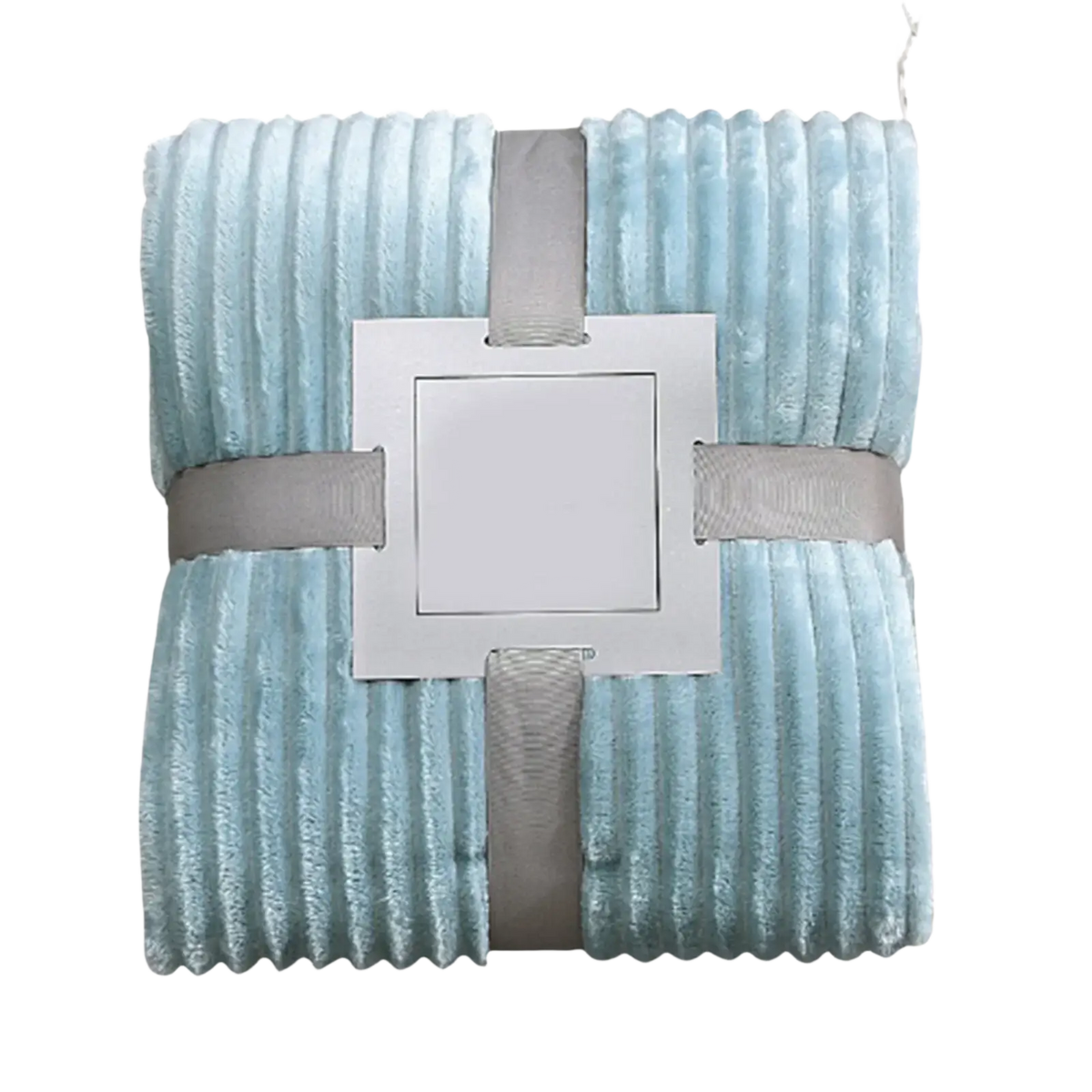 Light blue 100x150cm fleece throw blanket with soft ribbed corduroy texture and gray satin ribbon ties for bed sofa use
