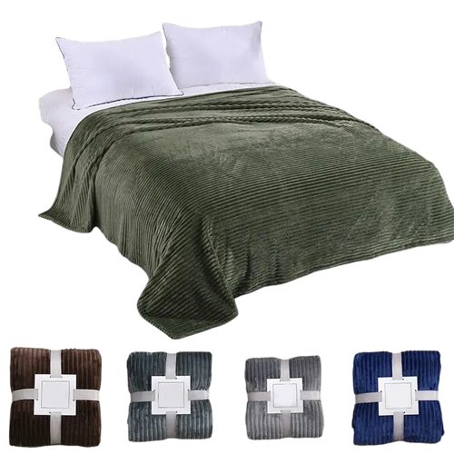 Olive green 100x150cm fleece throw blanket with plush ribbed corduroy texture and neatly folded edges for bed or sofa