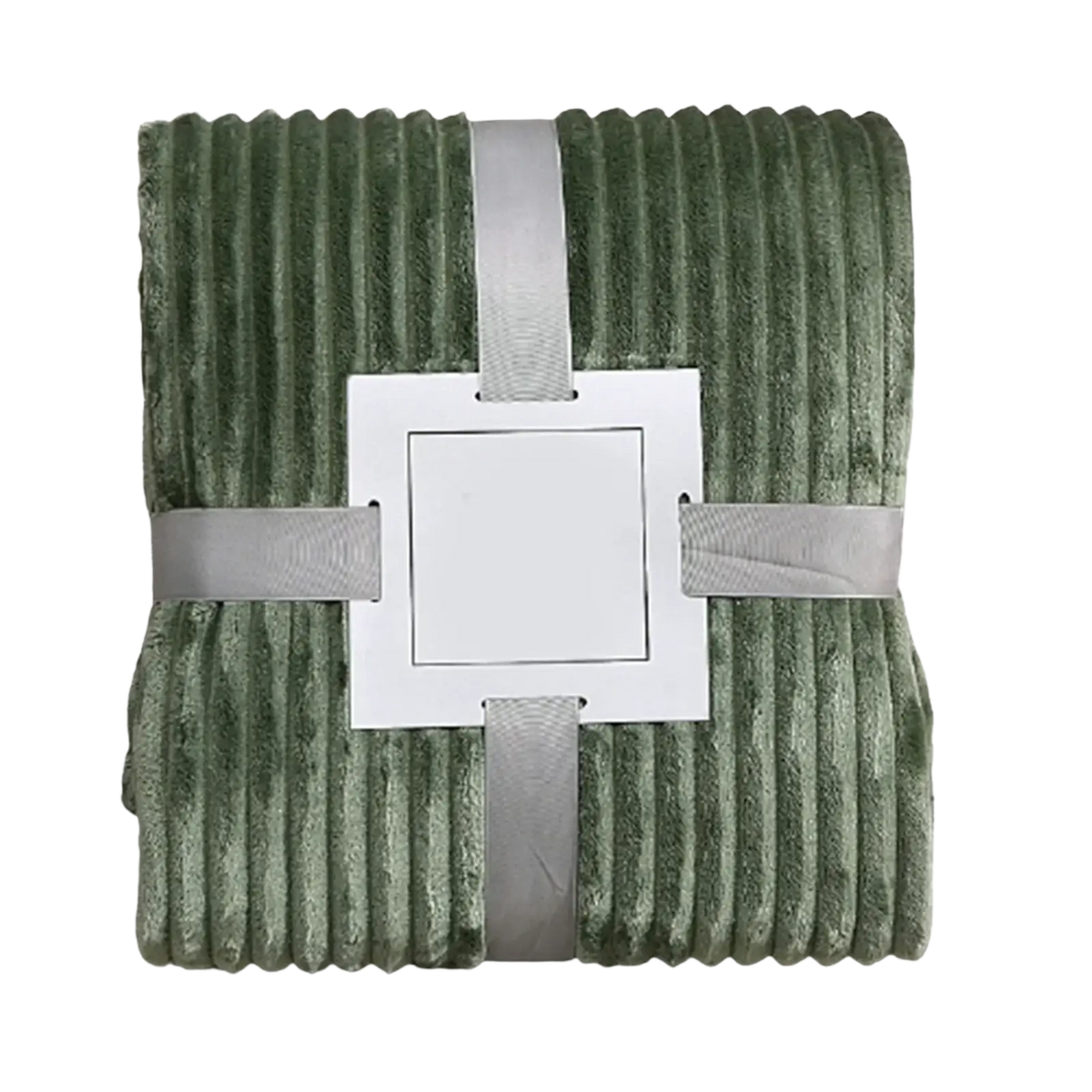 Olive green 100x150cm fleece throw blanket with plush ribbed corduroy texture wrapped in gray satin ribbon