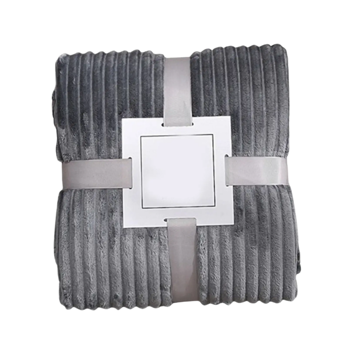 A plush dark gray 100x150cm fleece throw blanket with soft ribbed texture neatly wrapped in light gray ribbon