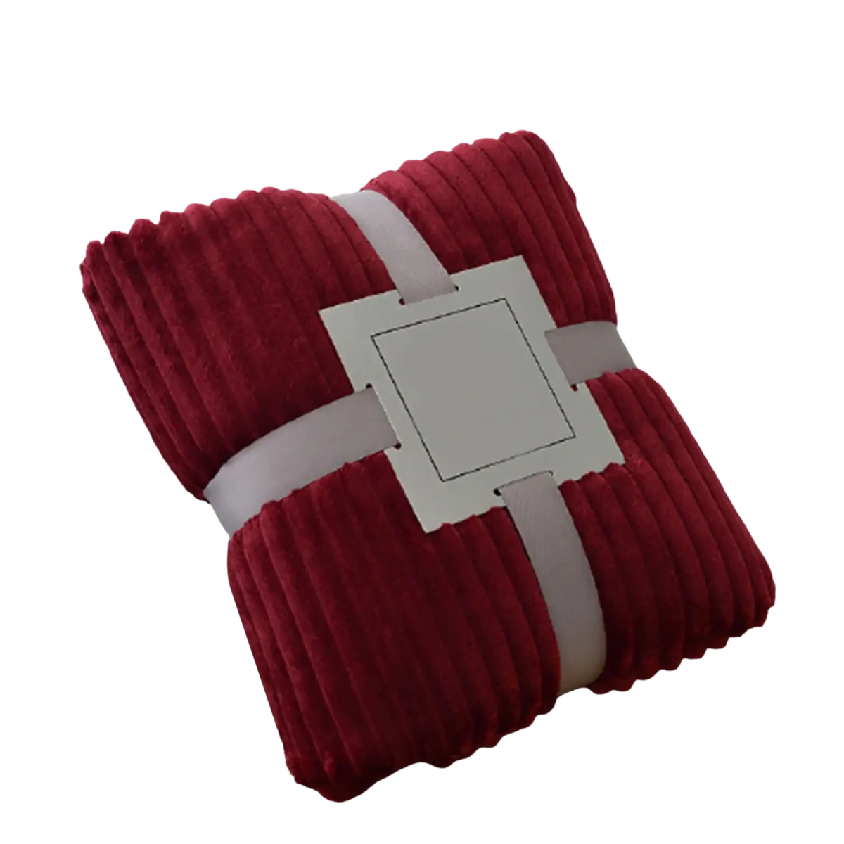 A plush deep red 100x150cm fleece throw blanket made of soft corduroy fabric neatly tied with a gray ribbon