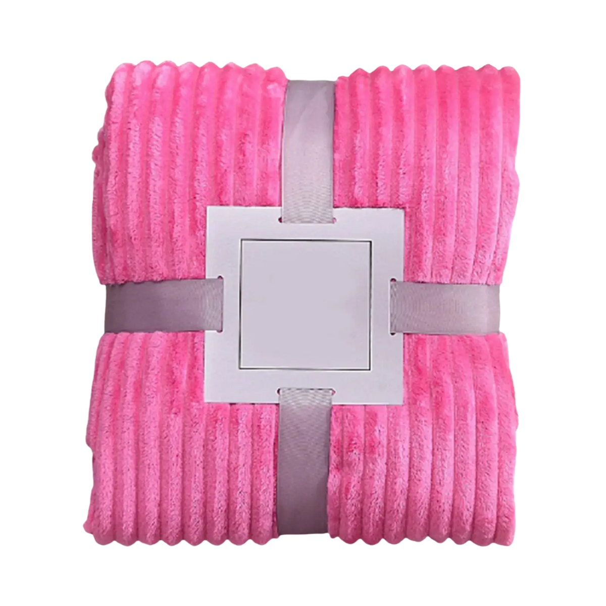 A vibrant pink 100x150cm fleece throw blanket with soft corduroy texture neatly wrapped in gray ribbon