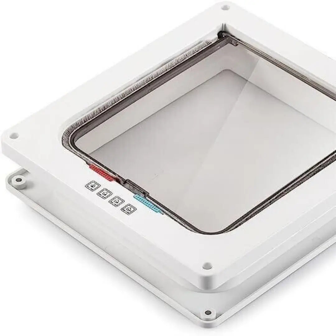 White rectangular xl pet door with a clear transparent panel and metal framed edges featuring a 4 way locking magnetic flap for dogs and cats.