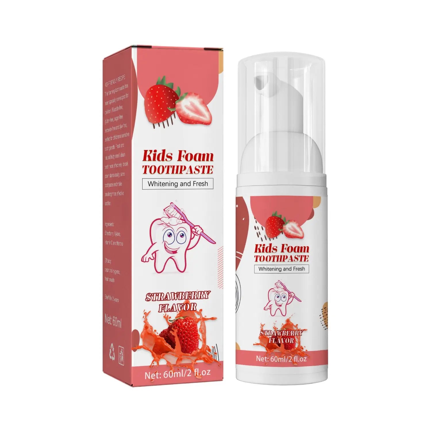 White pump bottle of strawberry-flavored kids foam toothpaste with cavity protection and a pink and white box featuring cartoon teeth holding a brush.