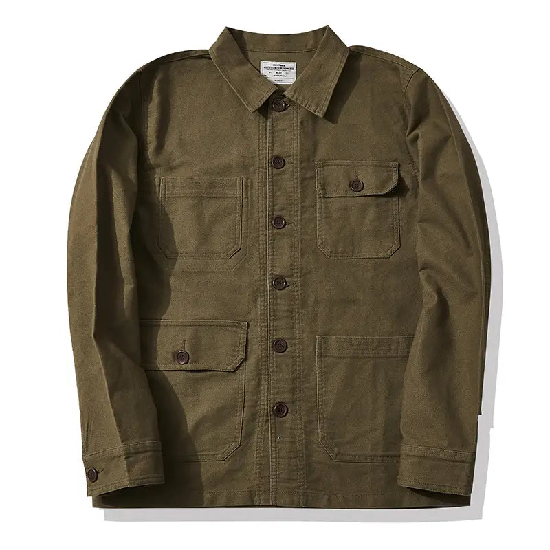 Mens French workwear jacket in olive green canvas with four flap pockets and dark brown buttons made of cotton utility fabric.