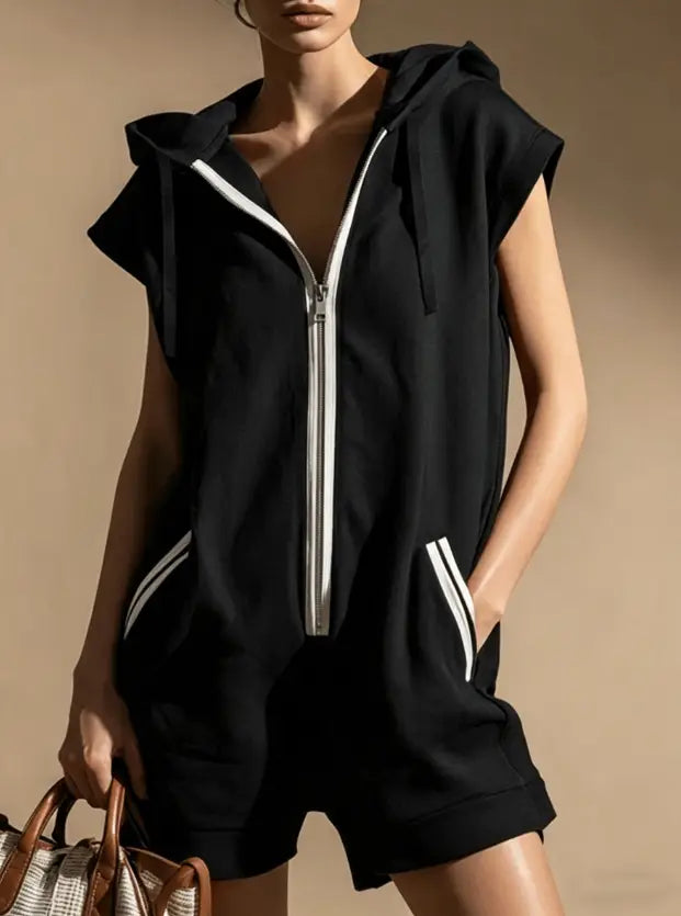 Black sleeveless hooded romper with a half zip white zipper and white side stripes designed for casual wear.