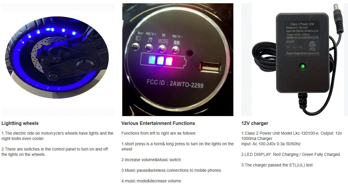 chargeur 12 V en plastique noir avec voyant lumineux de mise sous tension vert et câble enroulé pour la moto enfant 12 V, jouet Yamaha R3 de type moto sportive