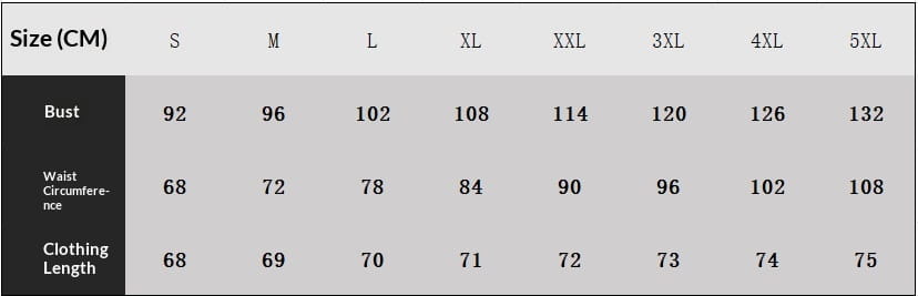 Size chart for women casual romper and strap top set showing bust waist circumference and clothing length measurements from size s to 5xl.