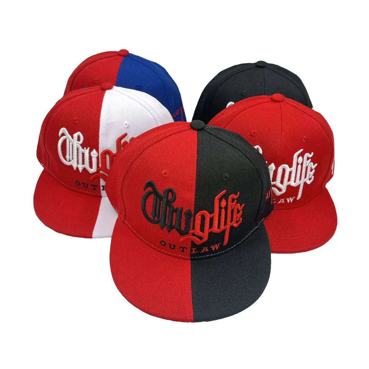Embroidered hip hop snapback cap in red and black half and half design with dlugglife embroidered in bold script.