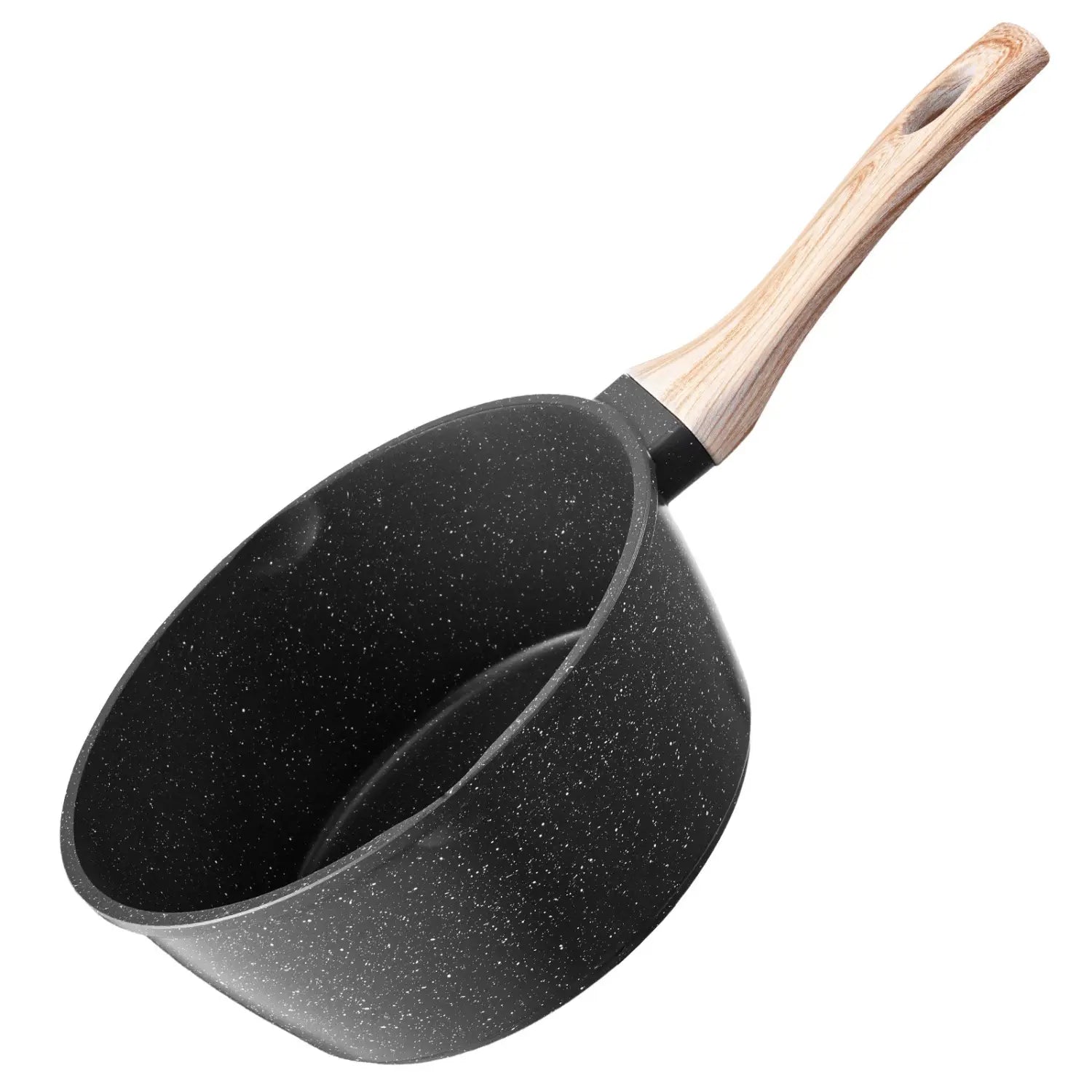 2.5 qt nonstick saucepan with detachable light wood handle featuring a black speckled nonstick surface.