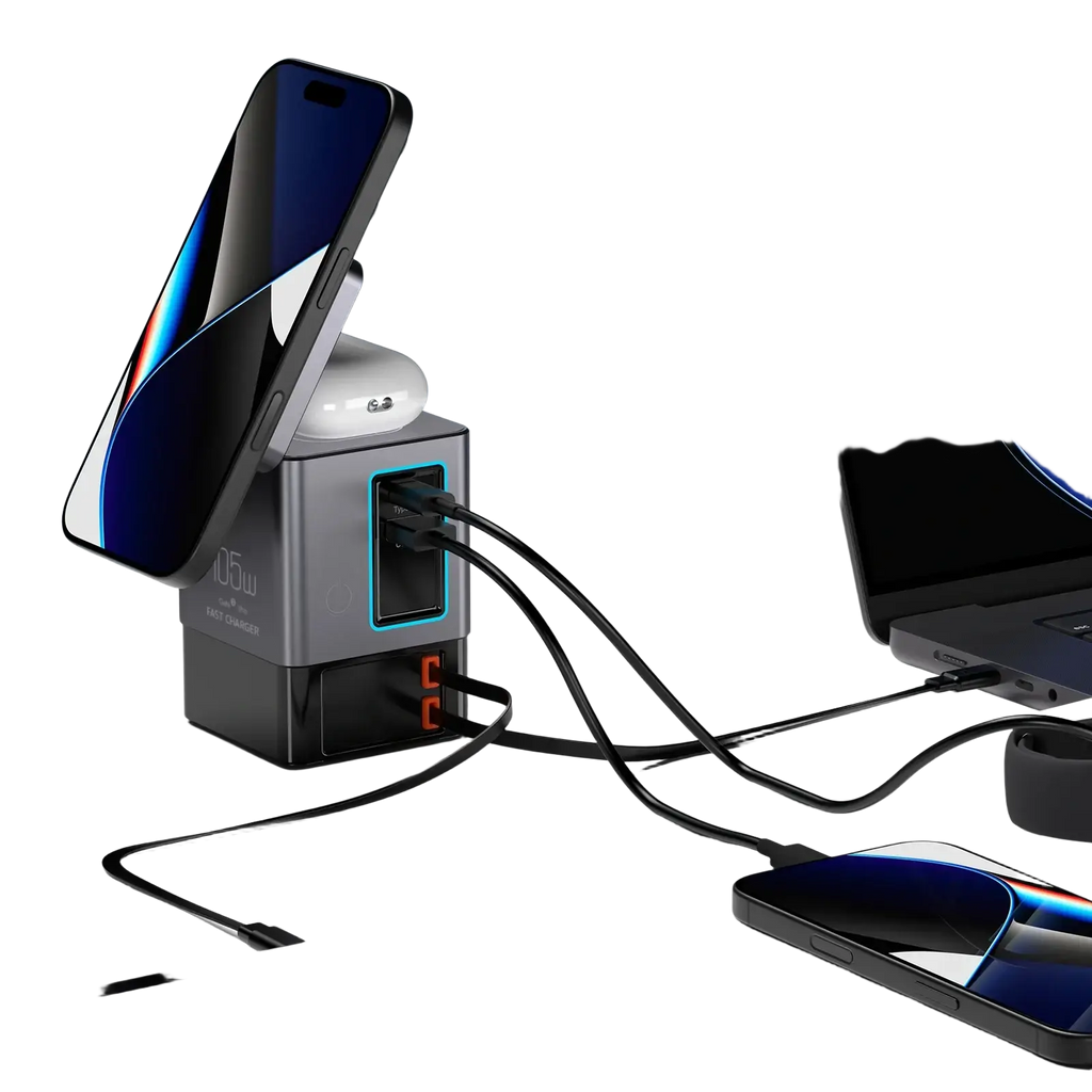 Black and gray 6-in-1 power combo tower charger with blue-accented ports for charging multiple devices efficiently