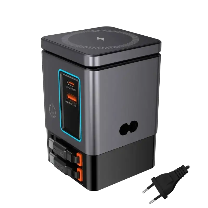 Black and gray 105w charging station with usb-c and usb-a ports outlined in blue and wireless pad for multiple devices