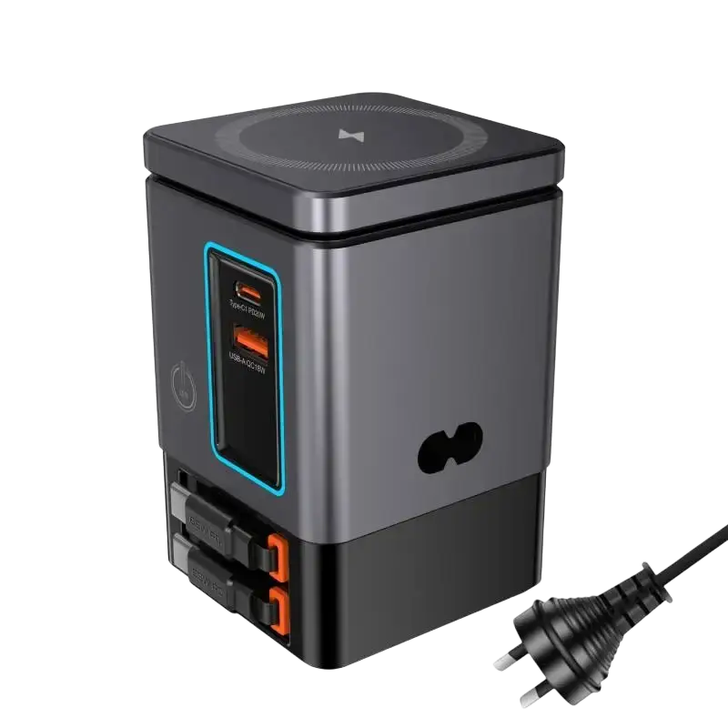 105w black and gray charging station with orange-accented ports and wireless pad for multiple devices