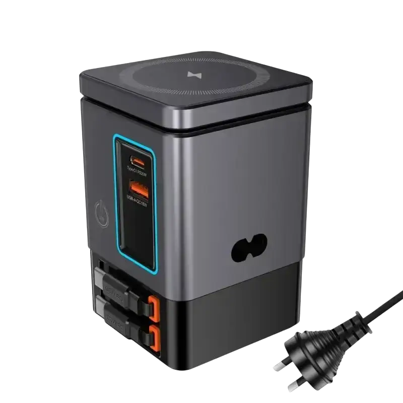 Black and gray 105w charging station with orange-accented multi-port usb charger and wireless pad for multiple devices