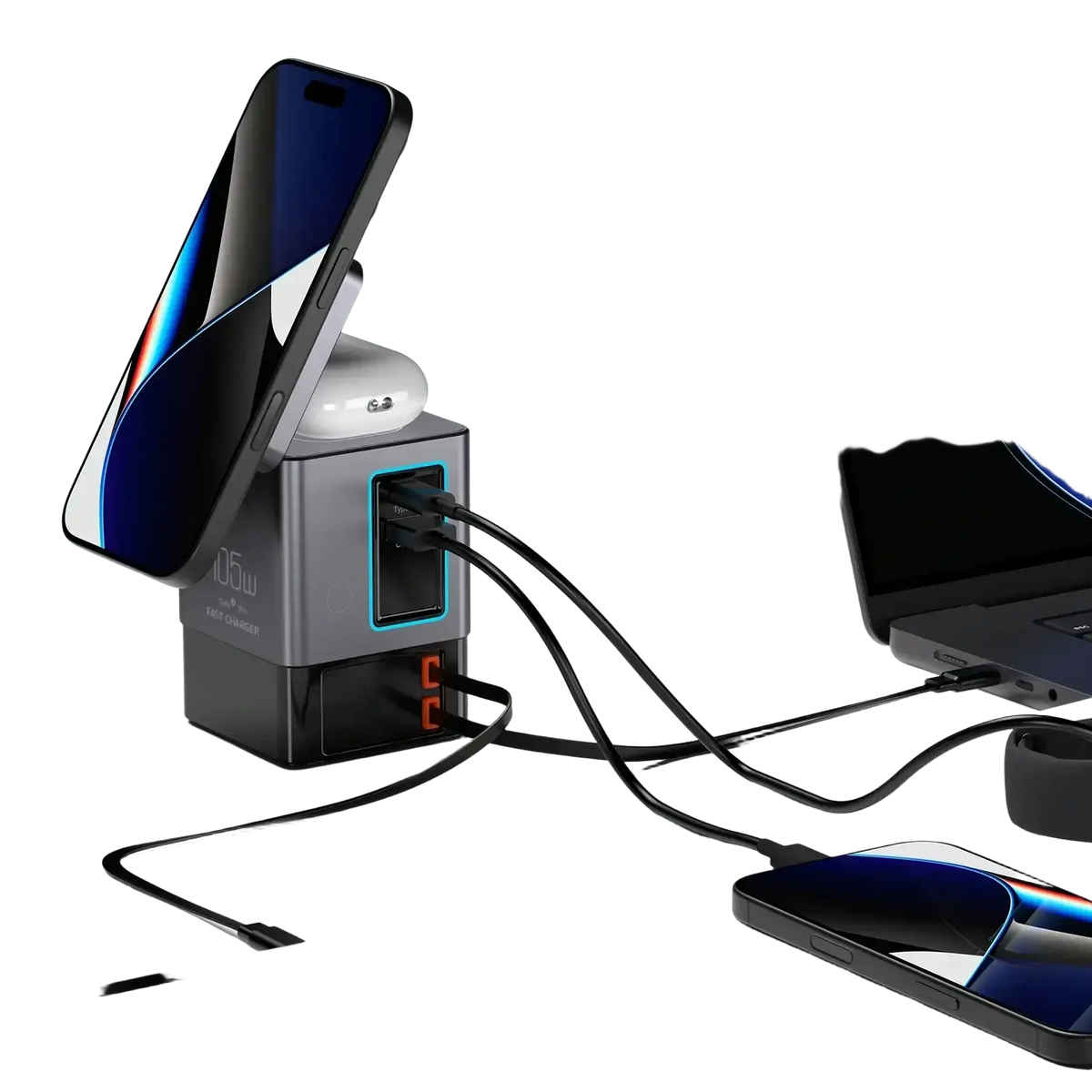 Black and gray 105w charging station with glowing blue led indicator for multiple devices wireless charging