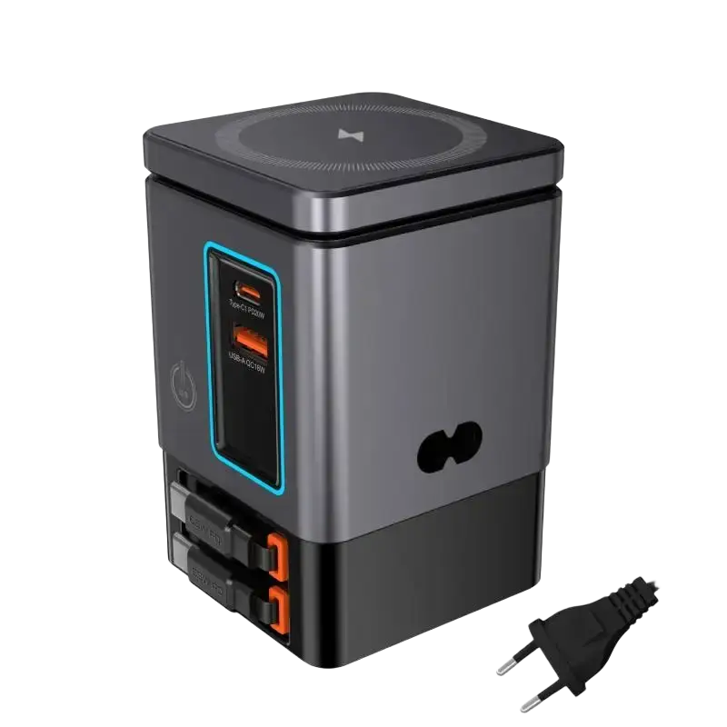 105w black and gray multi-port usb charger with blue accented ports and wireless charging pad for multiple devices