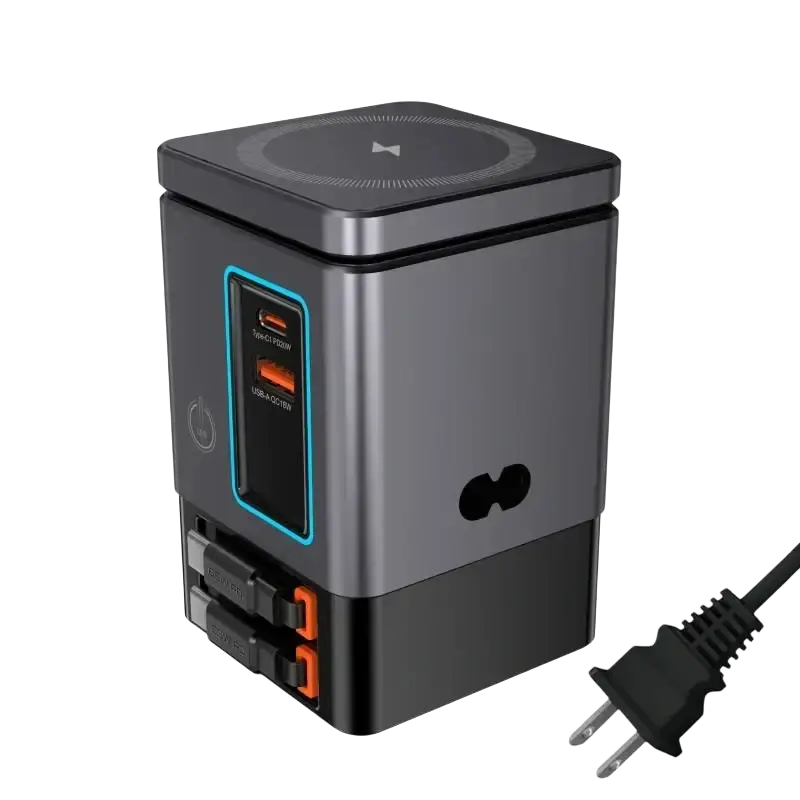 Black and gray 105w charging station with orange-accented ports and blue-lit usb slots for multiple devices