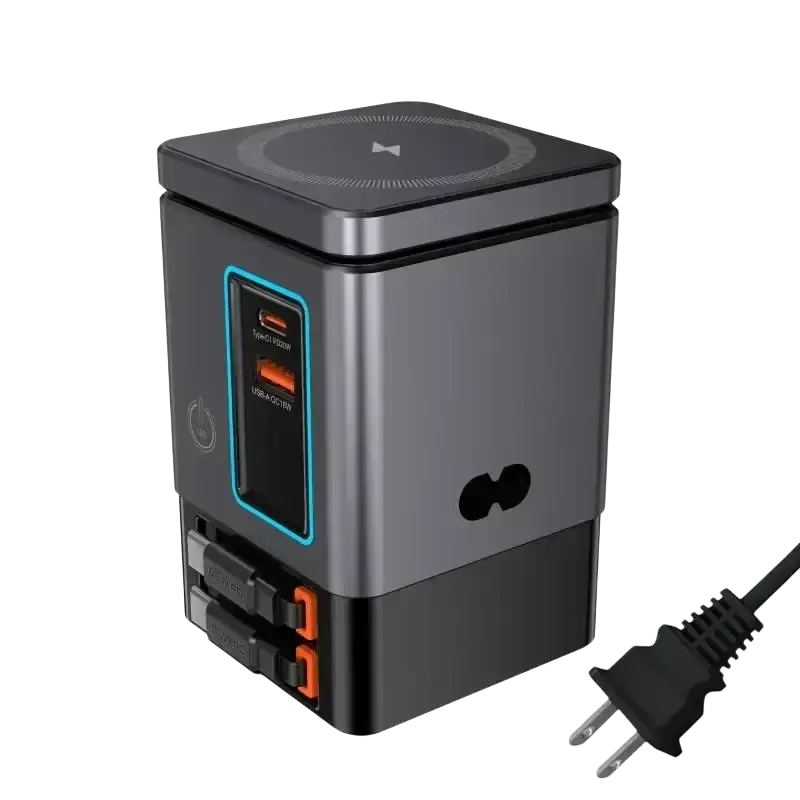 Black and gray 105w charging station with orange-accented multi-port usb and wireless charging pad for multiple devices