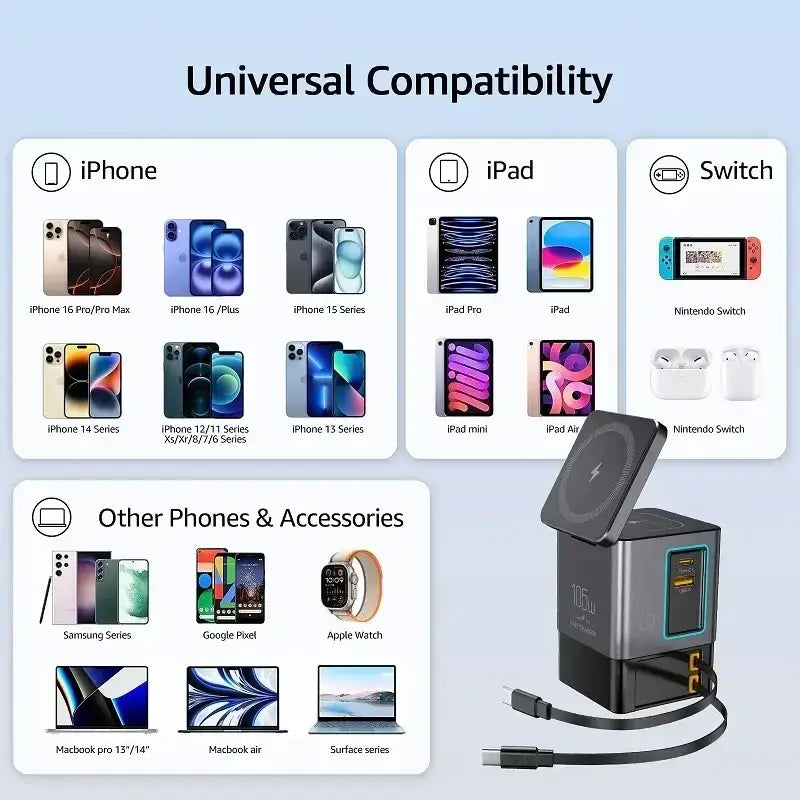 Black and gray 105w charging station with magnetic lid and multiple ports for charging multiple devices