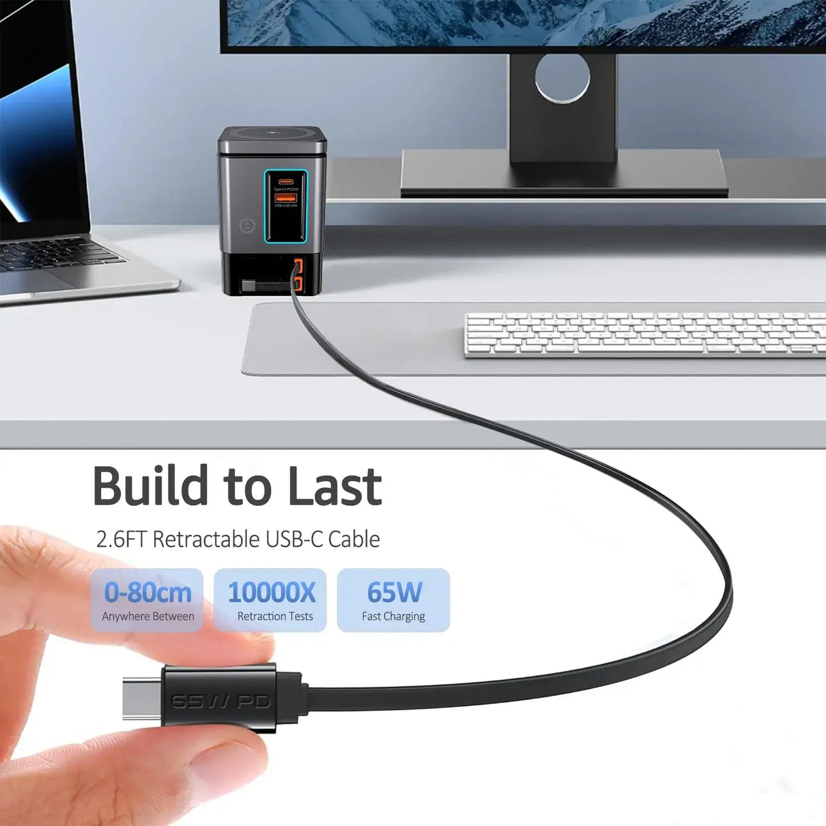 Black retractable usb-c cable with 65w fast charging and durable design for multiple devices in 105w charging station