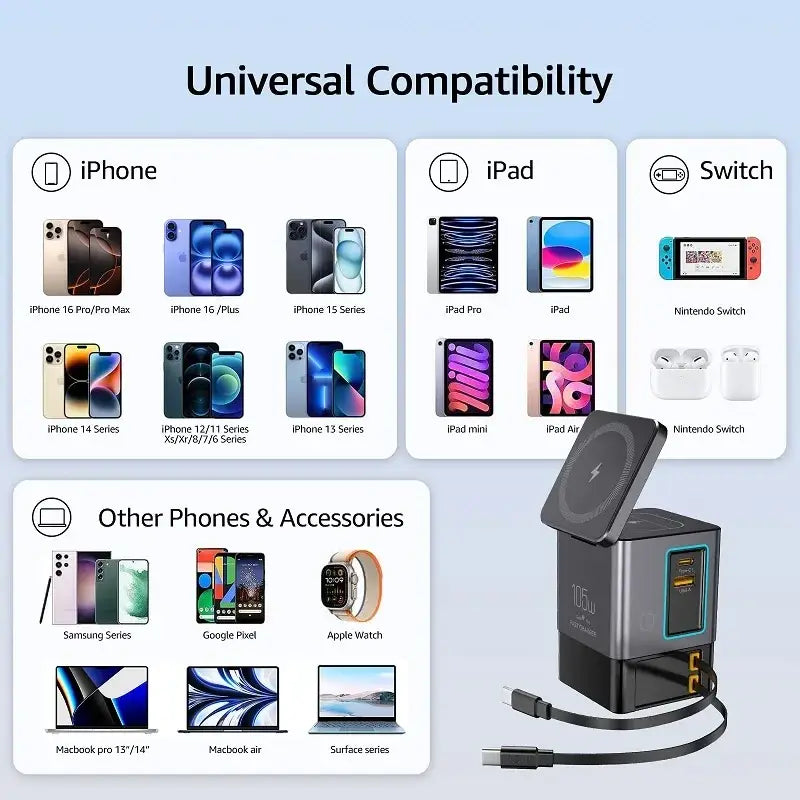 Black and silver 105w wireless charging station with multiple usb ports for charging multiple devices simultaneously