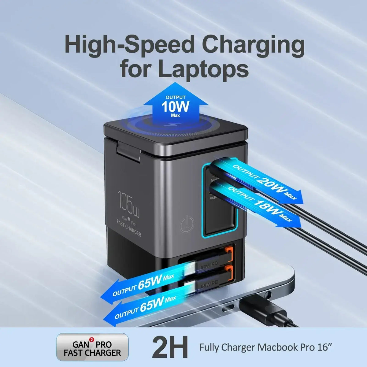 Black and silver gan pro 2h 105w charging station with multiple usb ports for high-speed charging multiple devices