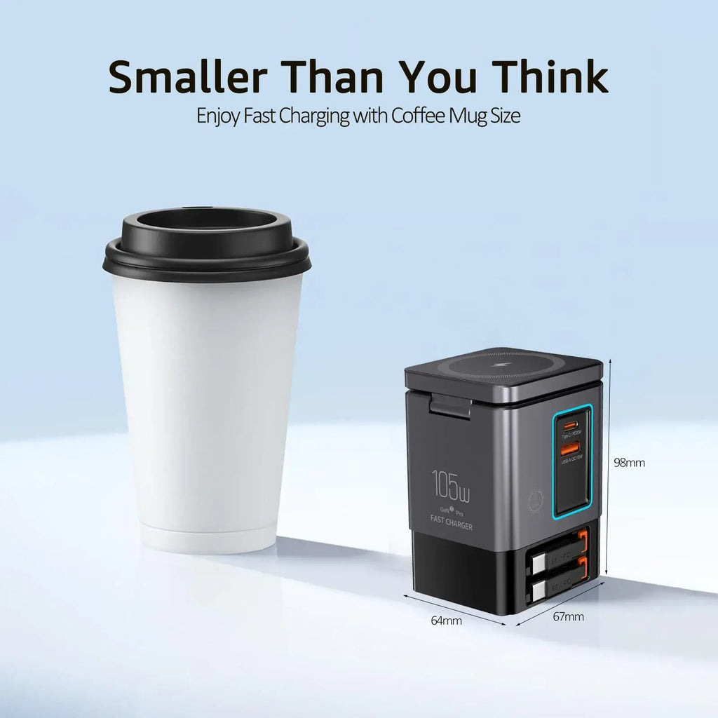 Compact black and gray 105w charging station with multiple usb ports designed for multiple devices in a coffee mug