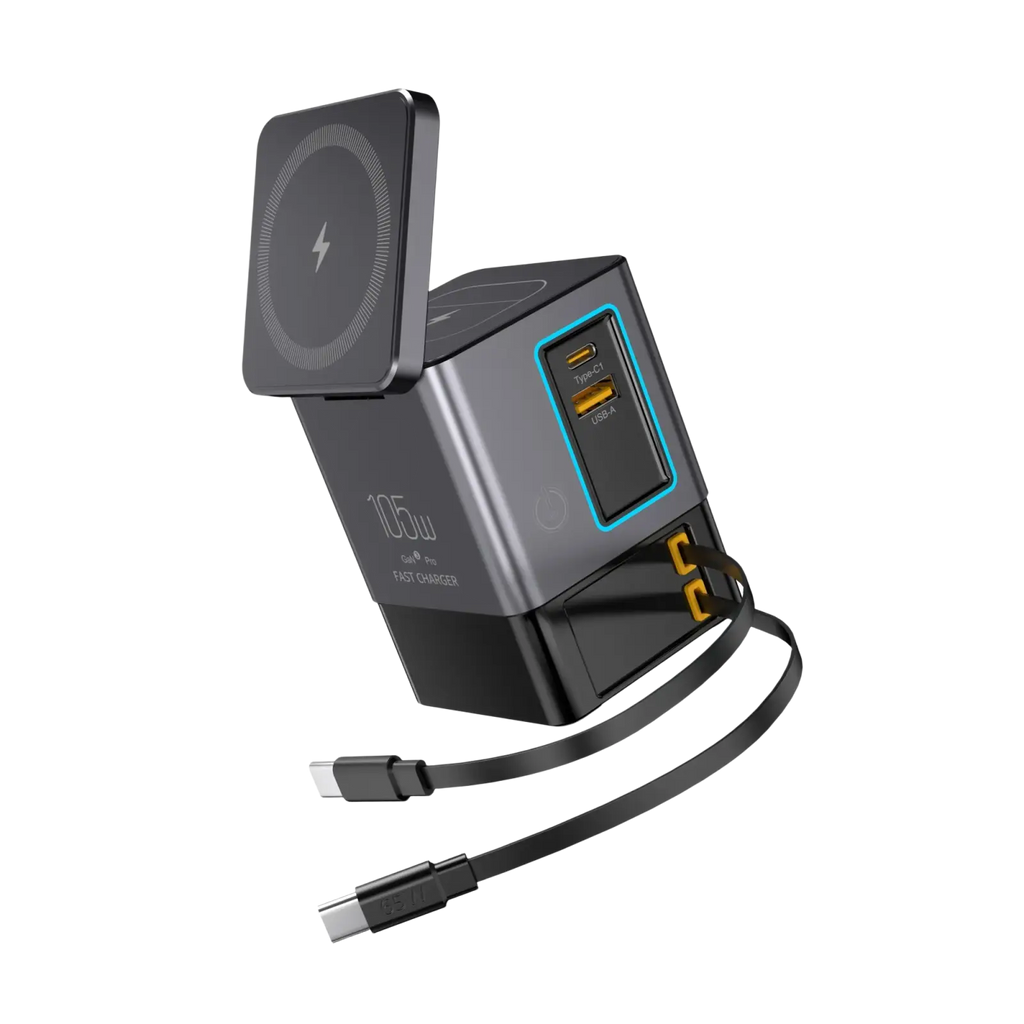 Black and gray 105w power combo tower charger with wireless pad usb-c usb-a ports and included 65w cable