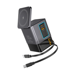 Black and gray 105w power combo tower charger with wireless pad usb-c usb-a ports and included 65w cable