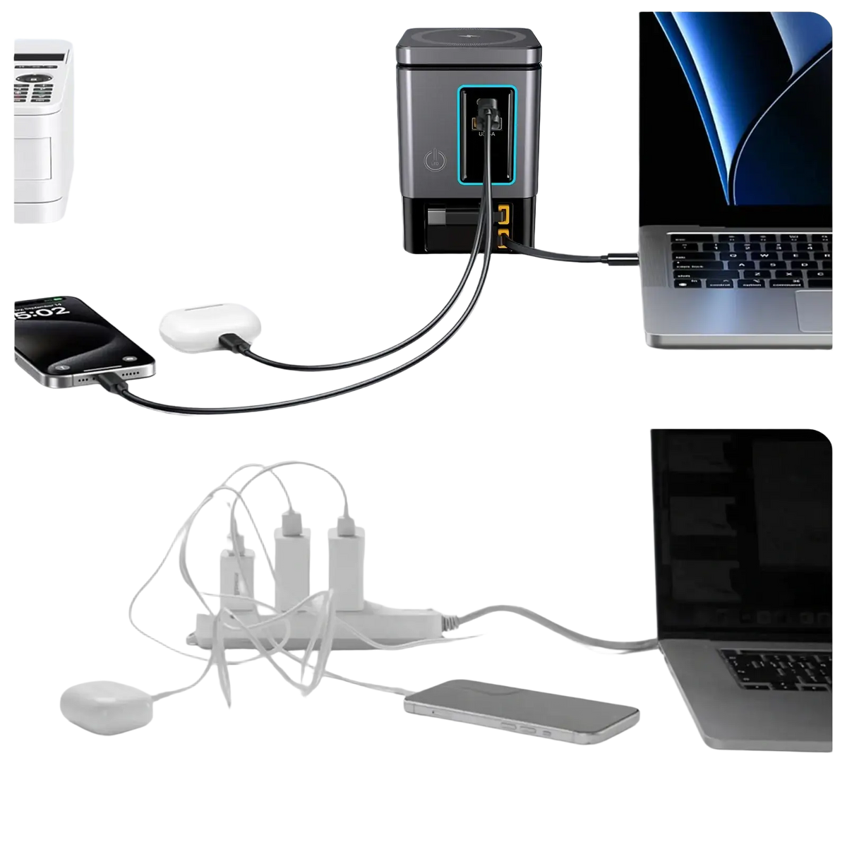 Black and silver 105w power combo tower charger with multi-port usb and glowing blue accents featuring 65w cable