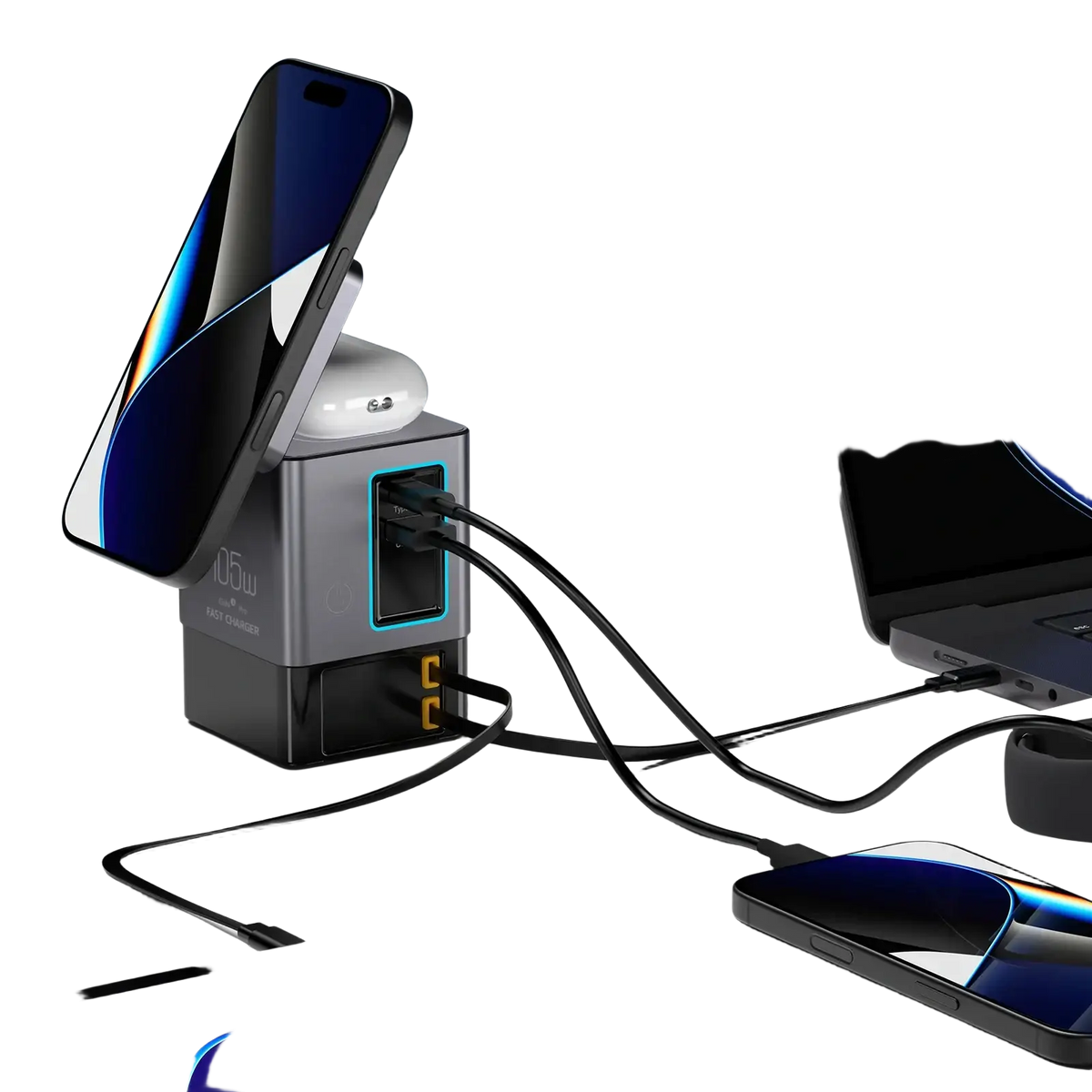 Black and silver 105w power combo tower charger with 6 ports and retractable 65w cable for versatile device charging