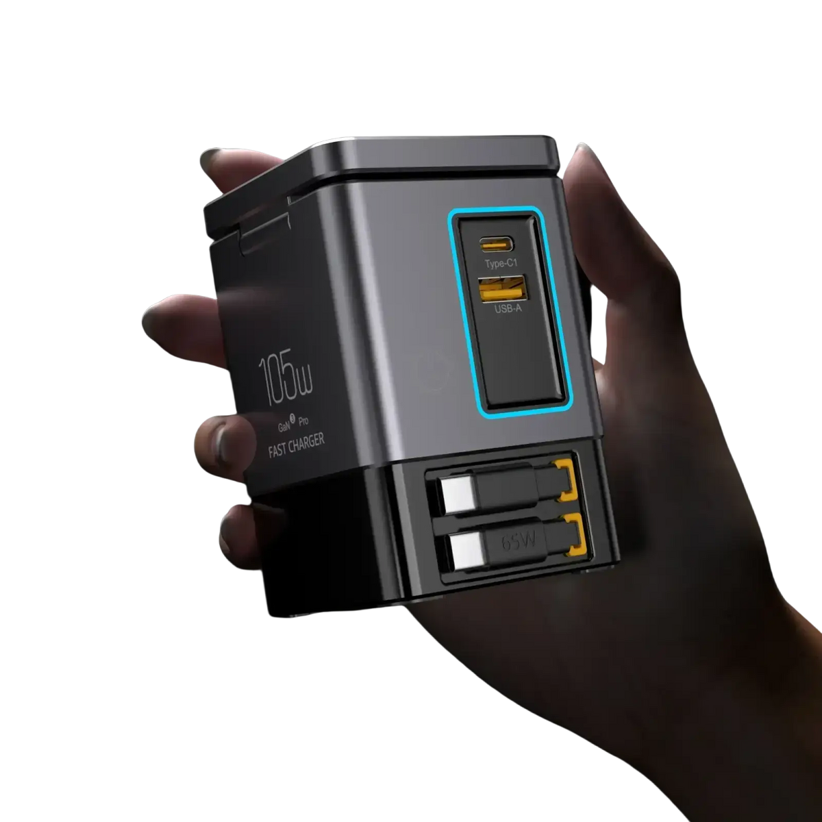 Black and gray 105w power combo tower fast charger with multiple usb ports including type-c and usb-a with retractable cable