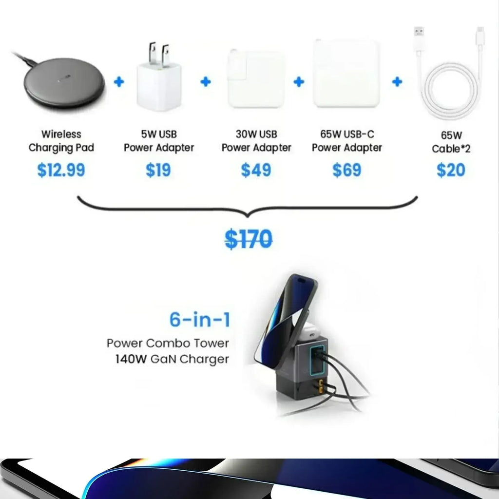 Black and silver 105w power combo tower with 6-in-1 charging and integrated wireless charging pad with retractable cable