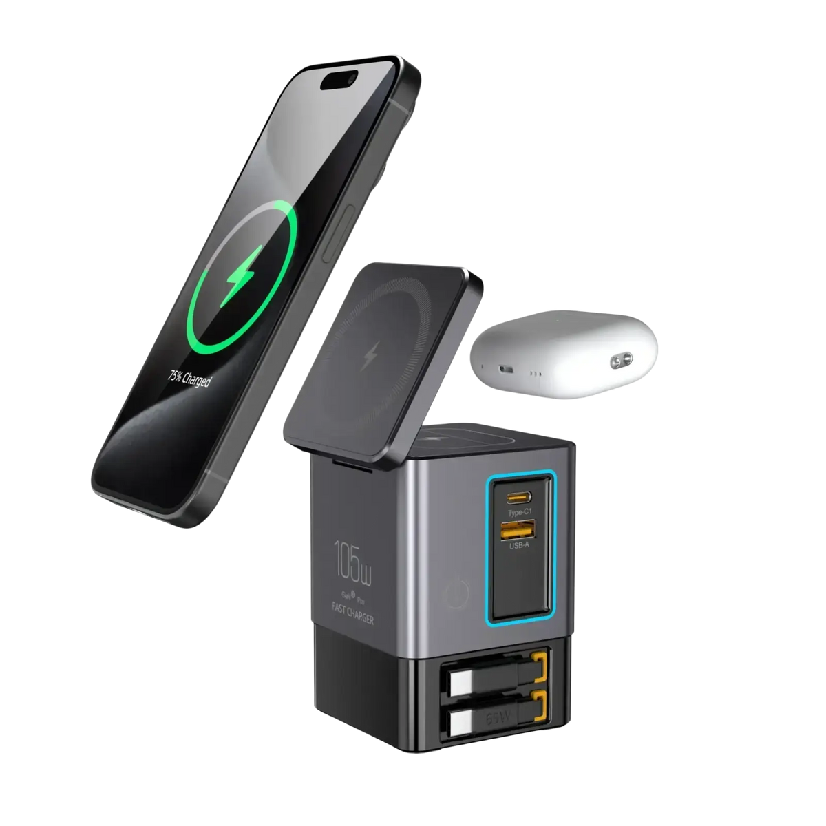 Black and silver 105w power combo tower wireless charging station with usb-c, usb-a ports, and retractable cable