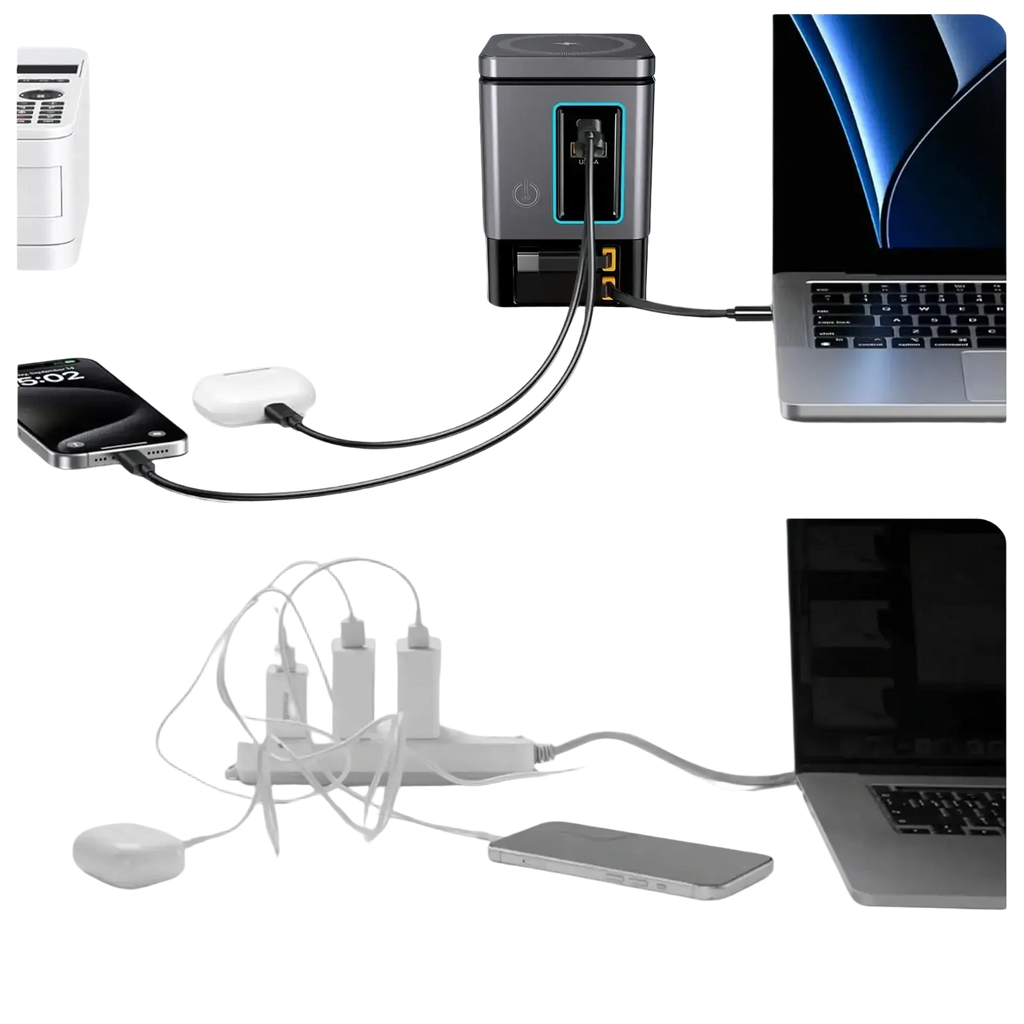 Silver and black 105w power combo tower with retractable cable and glowing blue led indicator lights
