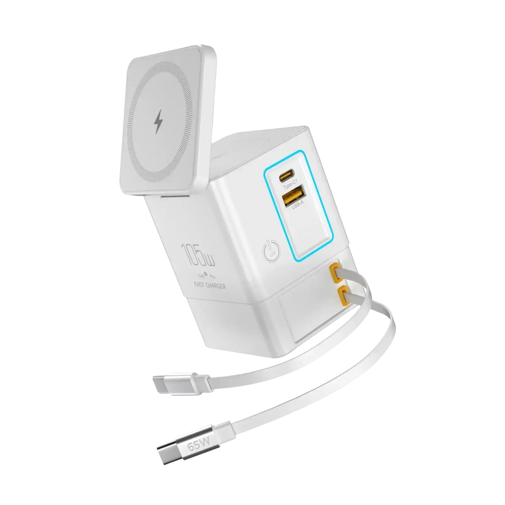 White 105w power combo tower charger with retractable cable wireless charging pad and usb-c usb-a ports