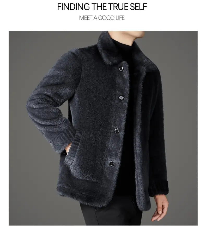 dark gray faux fur winter coat for men featuring a plush textured surface and a matching collar.