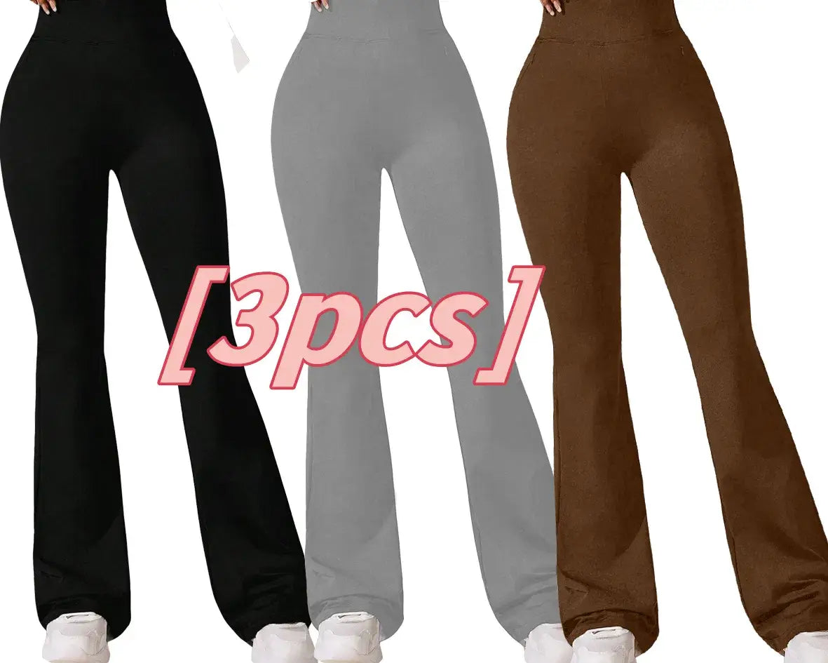 Trois paires de leggings de yoga évasés en peau de requin à taille haute, en noir, gris et marron